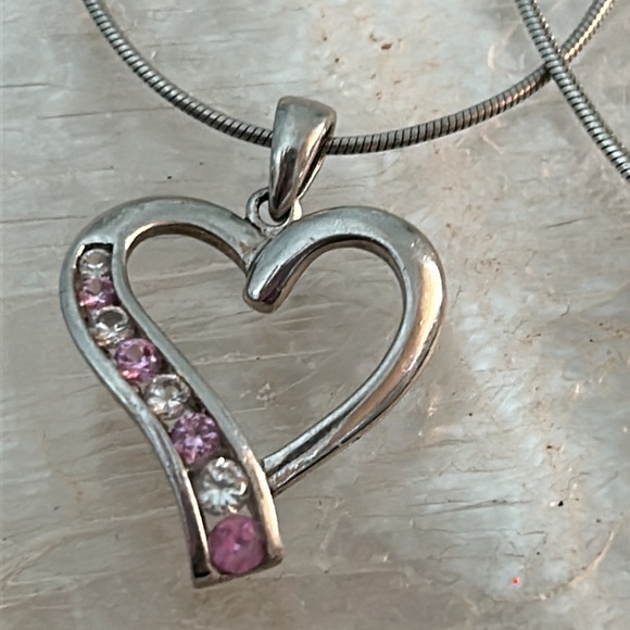 Sterling Silver Heart Pendant w/ Gems & Chain - Picture 1 of 10